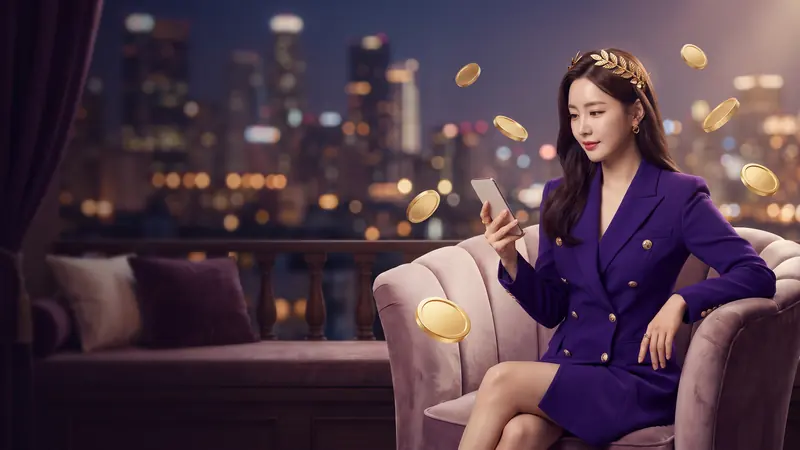 금빛 코인이 떠 있는 야경 앞의 보라색 정장 여성 – 헤라카지노 코인 입금