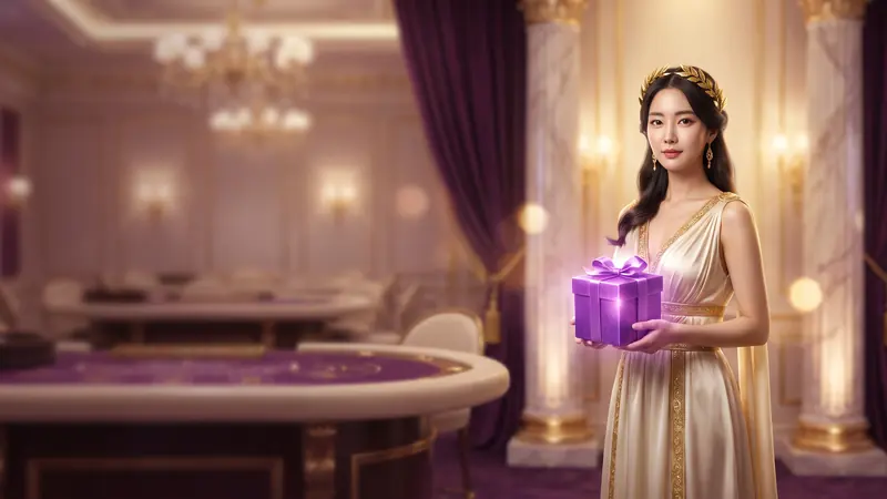 금빛 월계관과 아이보리 드레스 차림으로 보라색 선물 상자를 든 여성 – 헤라카지노 신규 가입 쿠폰